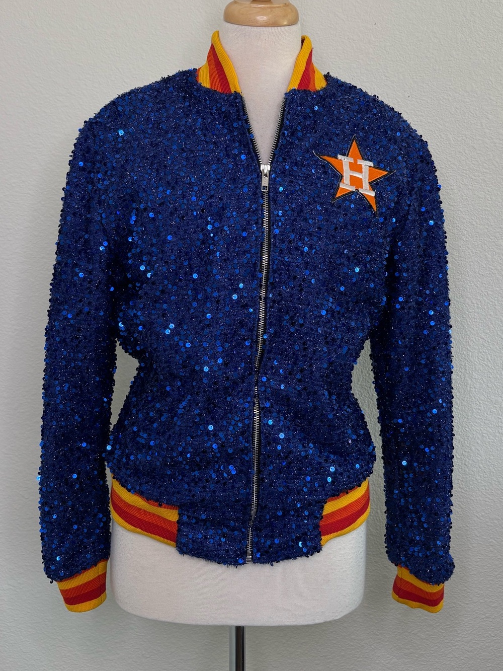 Houston Astros Womens Full Zip Jacket Blue Sequins Bomber Size XL (runs smaller)